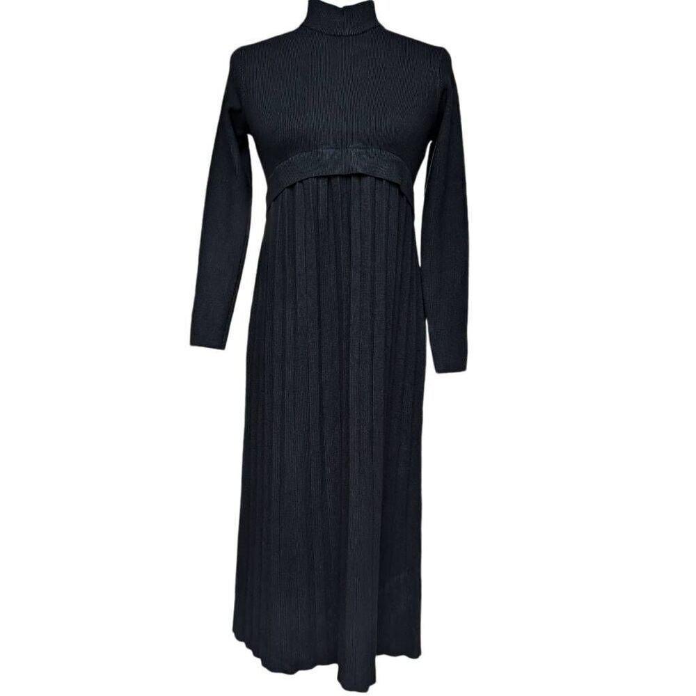 New Black Knit Sweater Dress Pullover High Neck Long Sleeves Fit & Flare Free Sz